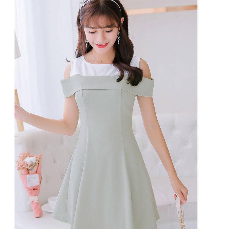 Fashion Summer Off-shoulder Round Neck Dress Stitching Sweet A-line Dress Sleeveless Sundress