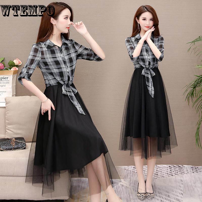 Dress Plaid Shirt Mesh Bottoming Skirt Suit Dress Female