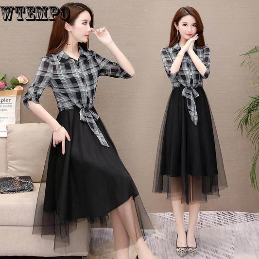 Dress Plaid Shirt Mesh Bottoming Skirt Suit Dress Female