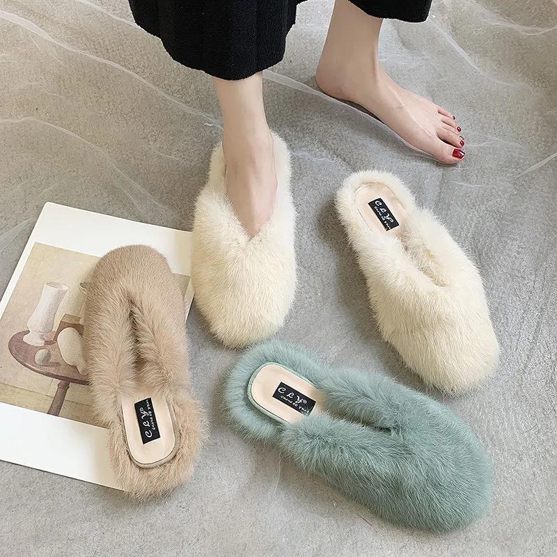 Women's Autumn and Winter Furry Fashion Cotton Slippers with Slippers Indoor and Outdoor Casual Flat Shoes Soft Shoes
