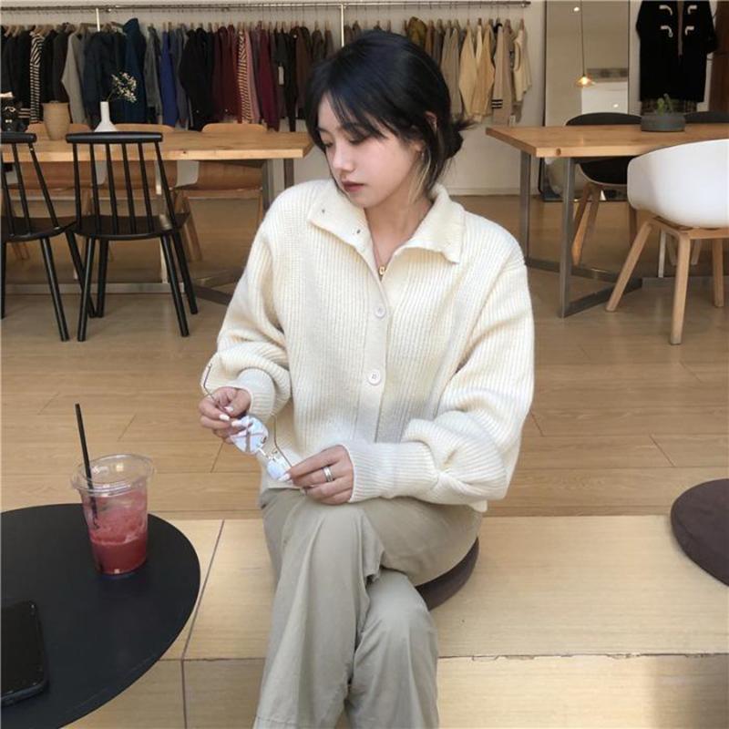 Spring  Autumn Design Sense Lapel Solid Color Vertical Pattern Sweater Cardigan Girl Student Casual Fashion All-match Knitted Cardigan