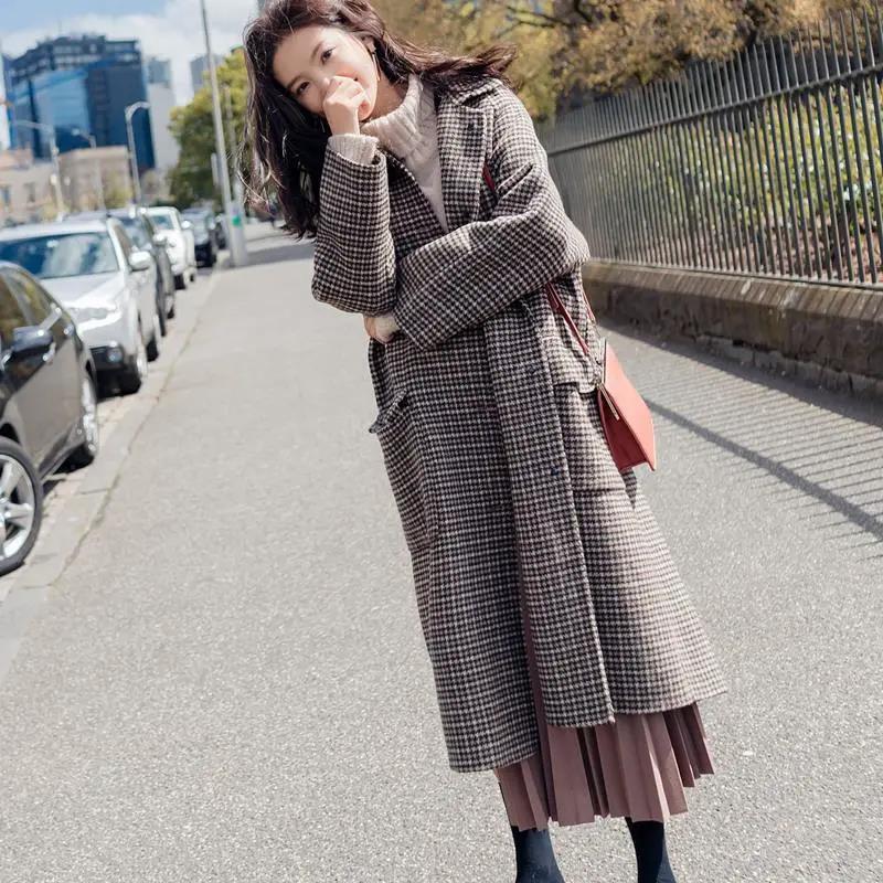 Loose Woolen Coat Women's Mid-length Houndstooth Coat Women's Autumn and Winter Models All-match Loose Mid-length Coat