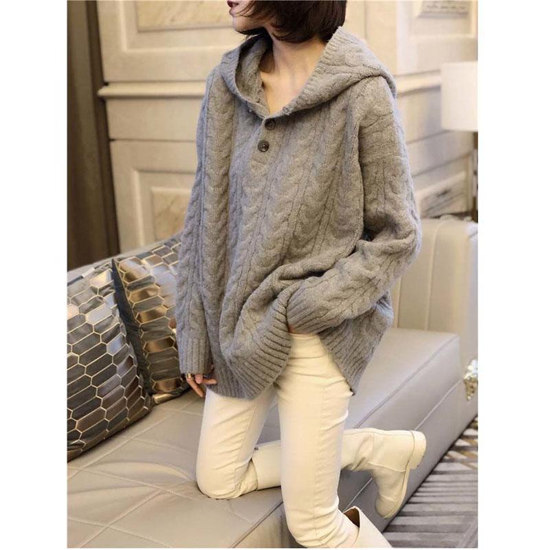 Autumn and Winter Retro Hoodie Solid Color Pullover Knitted Sweater Fashion Simple Style Female Top