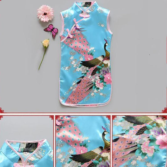 Children Dress Children's Tang Suit Girls Summer Thin Dress Cheongsam Printed Floral Cheongsam Chinese Style Sleeveless Dress