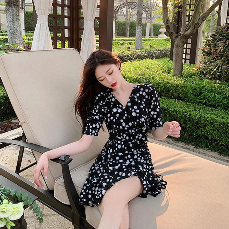 Women's Summer Dress V-neck Slim Floral A-line Skirt