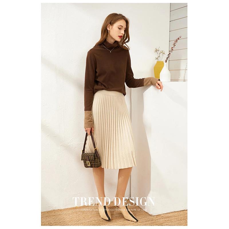 Women's High Neck Knitted Shirt Skin-friendly Breathable Stitching Color Bottoming Shirt Pull Over High Collar Loose Fit Long Sleeves T-shirt Basic