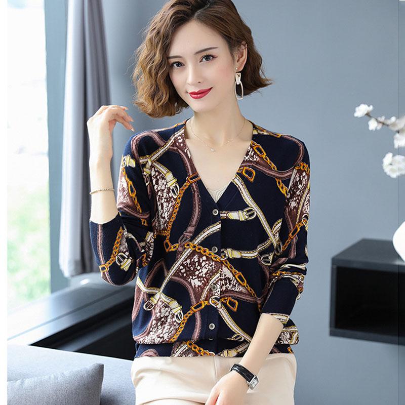 Women Printed  Cardigan Sweater Autumn Winter Long Sleeve V-Neck Casual Knitted Cardigan Elegant Female Tops Knit Jacket Coat