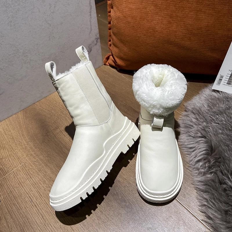 Women Boots Winter Shoes Black White Fur Boots Leather Snow Boots Plush Warm Ankle Booties Platform Chunky Boots