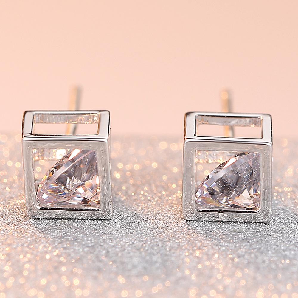 Simple Alloy Cube Zircon Stud Earrings Elegant Clear Zircon Stud Earrings for Women Girl Jewelry