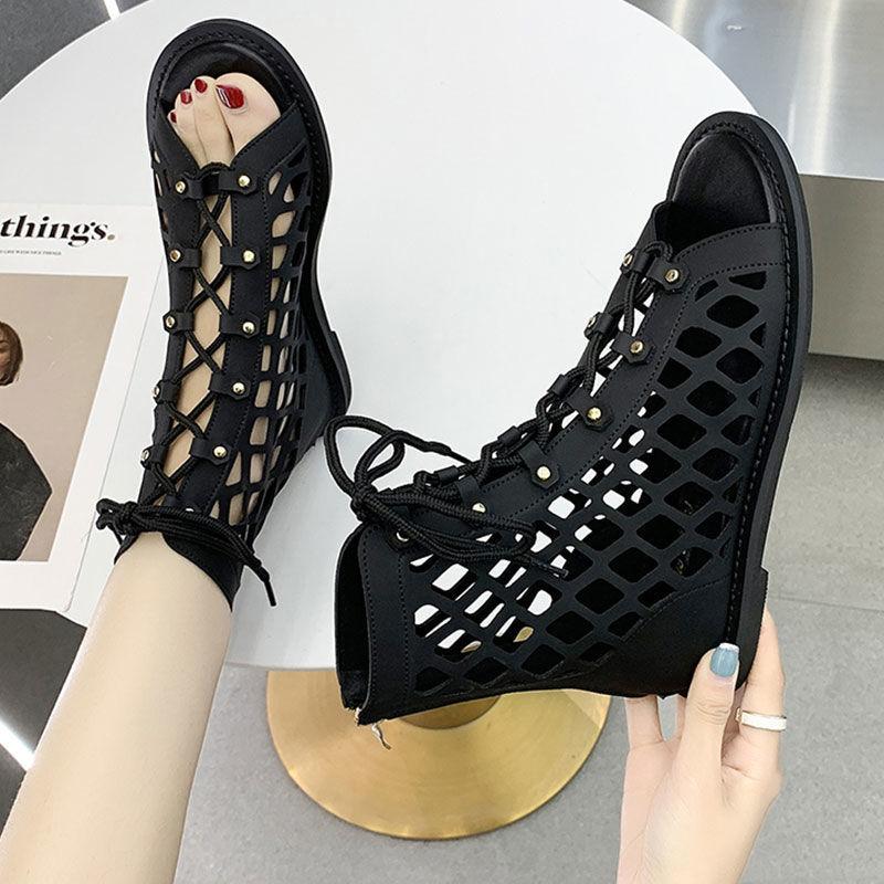 Bohemian Style Sandals Summer Cross Straps Hollowed Out Retro Vacation Roman Flat Sandals Women