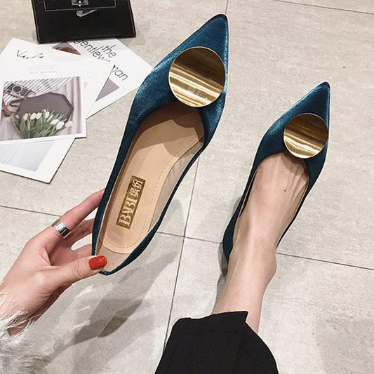 OL Style Velvet Pointed-toe Shoes Women Metal Round Decoration Flats Shoes Soft Low Heels for Ladies