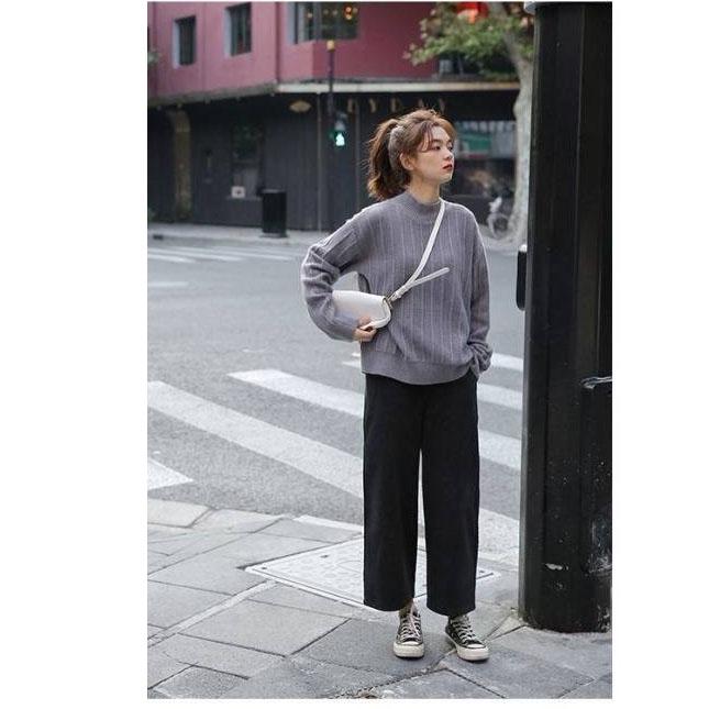 Autumn Winter Solid Color Loose Pullover Sweater Thick Women Half Turtleneck Base Sweater