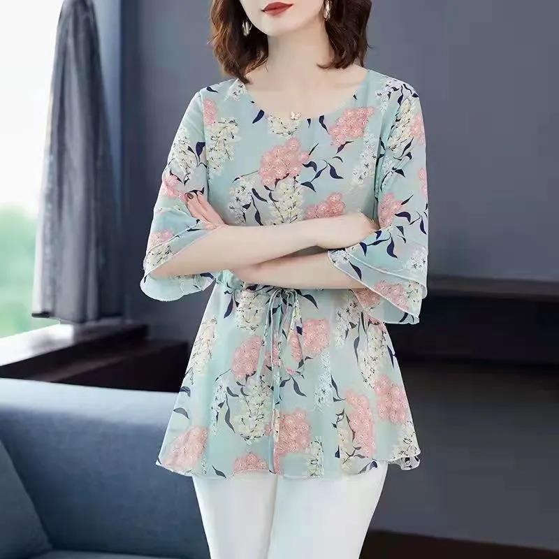 Ice Silk Floral Shirt Short-sleeved Women's Waist-covering Belly Thin Large Size Summer Mid-length Bottoming Shirt Top