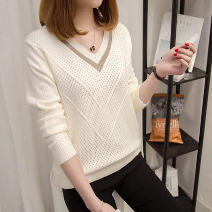 Winter Women Sweater Long Sleeve Solid Color Cutout Casual Pullover Loose V Collar  Ladies Sweater