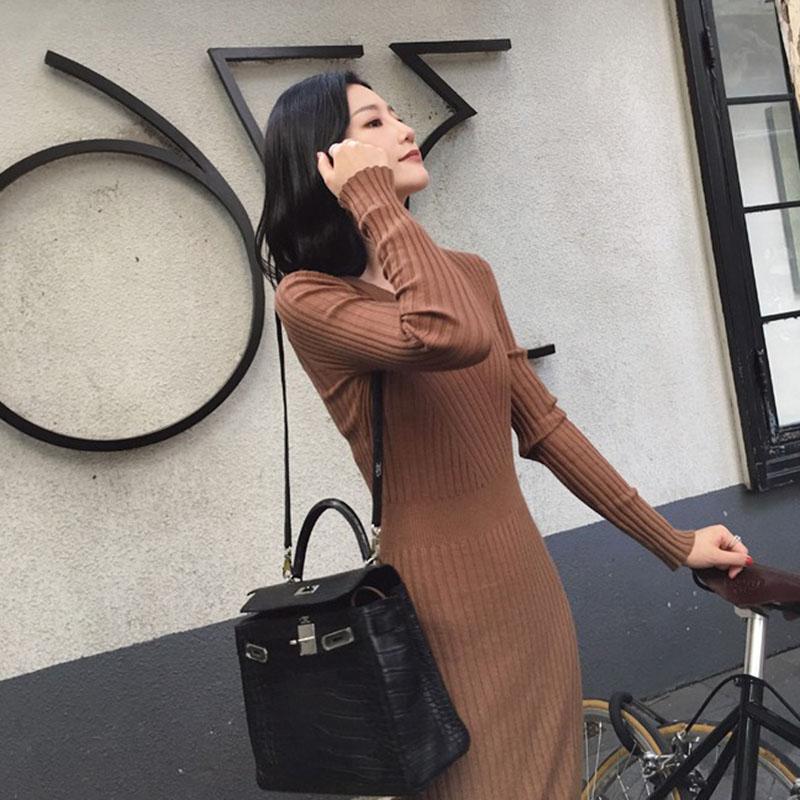 Autumn and Winter V-neck Slim Bottoming Shirt Knitted Long Dress Long Sleeve Mid-length Female Sweater Dress