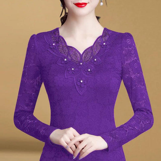 Women's Spring and Autumn Lace Round Neck Bottoming Shirt  Long Sleeve Low Neck Top