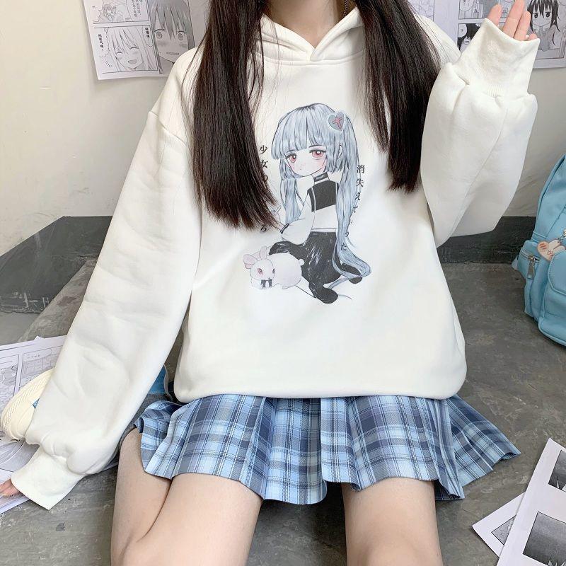 Anime Hoodies Japanese Oversized Loose Harajuku Sweatshirts Thick Fleece Fall Winter Pullovers Top Clothes Black Plus Size Fashion Streetwear Coat