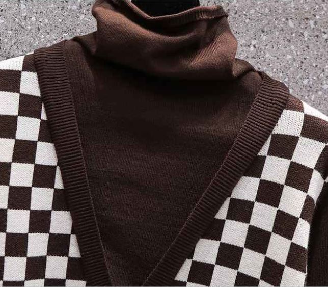 Women's Fashion Checkerboard Two-Piece Sweater High Neck Thickened Mid-Length Knit Sweater Loose Large Size Sweater