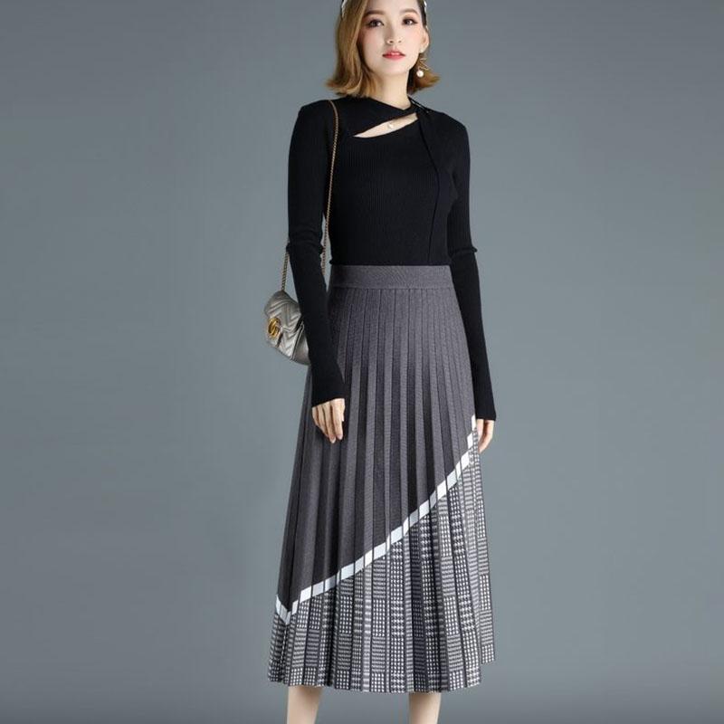 Women's Knitted Skirt Autumn and Winter Thick Retro Knit A-line Skirt High Waist Long Knitted Pleated Skirt Thousand Island Grid Stitching