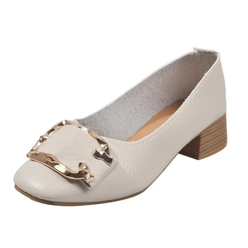 Breathable Casual Shoes Fairy Single Shoes Spring and Autumn Pumps Mid-heel Thick Heel Summer Beanie Shoes Leather Shoes Mother Shoes