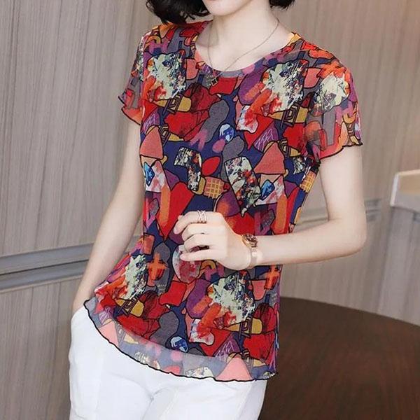 Printed Lace Shirt Large Size Stretch Mesh T-shirt Women's Summer Round Neck Short-sleeved Slim Elegant Imitation Silk Tops