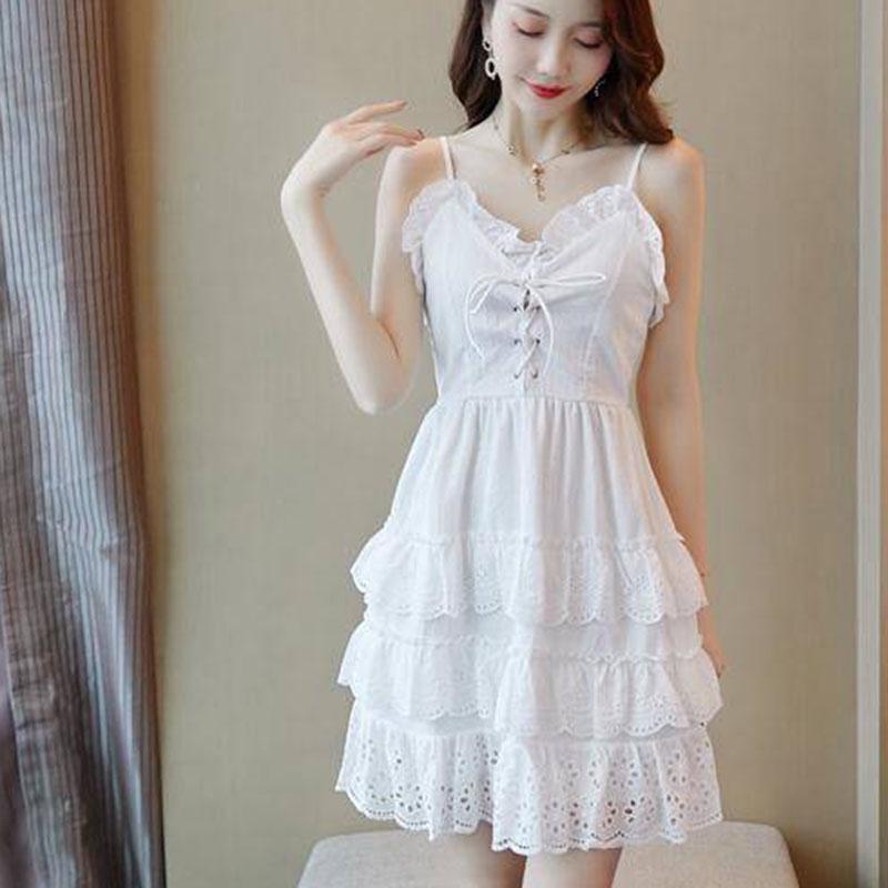 Fashion Summer Sexy V-neck Multi-layer Strap Dress Ruffled Lace Dress Backless Vacation Beach Dress