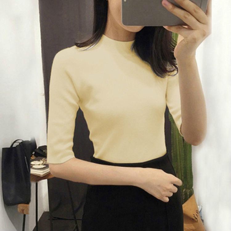 Pofulove Autumn Half-high Collar Mid Sleeve Shirt Women Five-point Sleeves Sweater Black Bottoming
