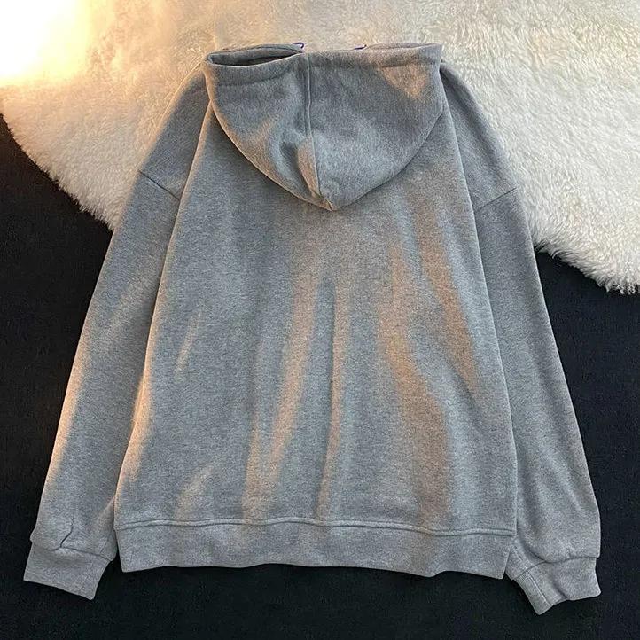 Women's Autumn and Winter Fleece Thickened Hooded Sweater Student Loose and Lazy Style Zipper Jacket Ins Casual Printed Jacket Fashion Cardigan