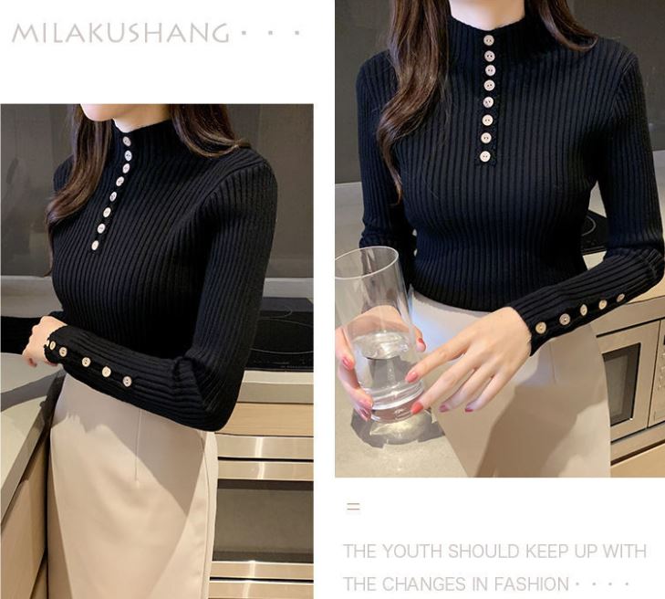 Women's Half Turtleneck Pullover Korean Style Fashion Solid Color Bottoming Shirt Slim Fit Long Sleeve Sweater