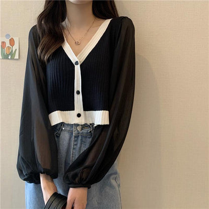Autumn  Contrast Color Sweater Stitching Chiffon V-neck Thin Student Lantern Sleeve Women