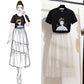 Fashion Summer Women Skirt Suit Printed T-shirt Multilayer Mesh Skirt Two-piece Set Elegant Outfits