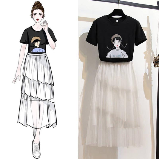 Fashion Summer Women Skirt Suit Printed T-shirt Multilayer Mesh Skirt Two-piece Set Elegant Outfits