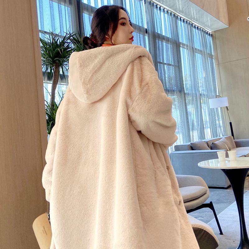 Oversized Winter Warm Hooded Large Size Long Solid Color Faux Fur Coat Casual Long Sleeve Women Fur Jacket Outwear