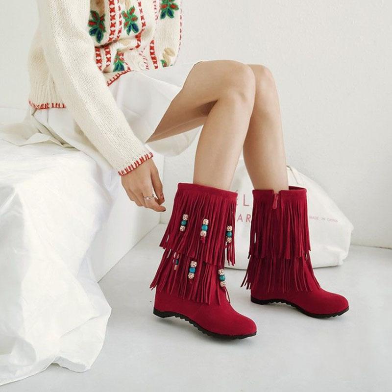 Fall/Winter Suede Boots Mihemia Beaded Inner Heightened Round Head Wedges Boots Tassel Ankle Boots Plus Size  34-43