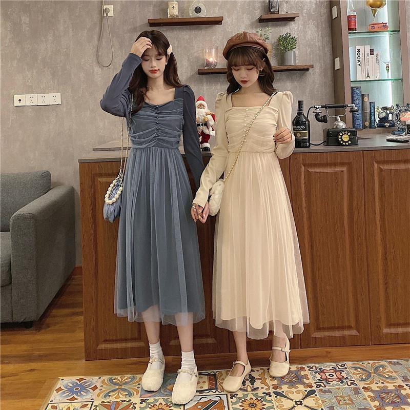 French Dress Korean Style Mid-length Long-sleeved Square Neckline Mesh  Receiving Waist Slim Skirt