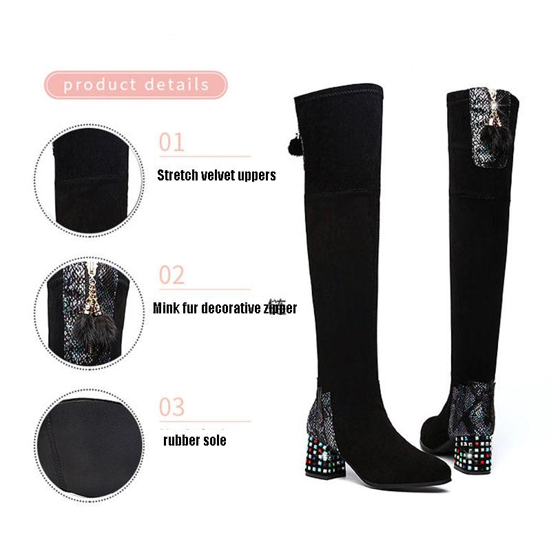 Women's Thick Heel Over Knee Boots High Heel Elastic  Boots Autumn  Winter Plus Fleece High Boots