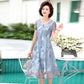 Women's Summer Dress Middle-aged Mother Chiffon Veil Short Sleeve Round Neck Printing Mid-length Daily Wear