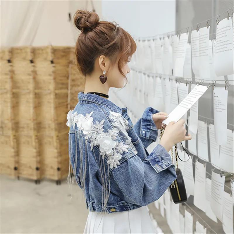 Spring and Autumn Three-dimensional Flower Embroidery Chain Tassel Loose Doll Sleeve Denim Short Jacket Women's Long Sleeve Casual Women's Jacket