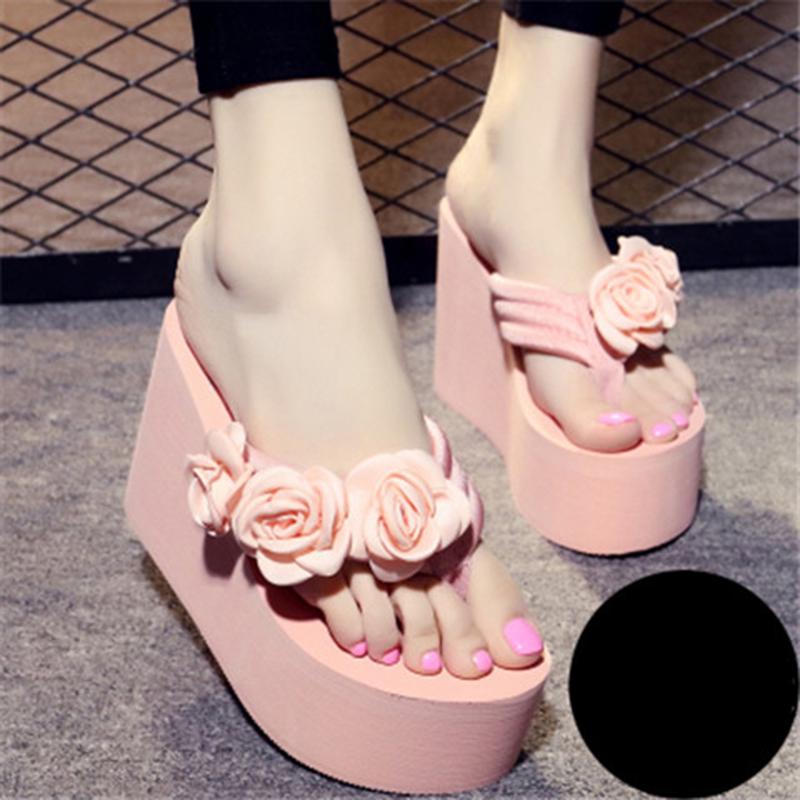 Women's Large Size High-heeled Word Drag Female Slip Fashion Beach Sandals Sandals and Slippers DIY Flowers Sandals Simple