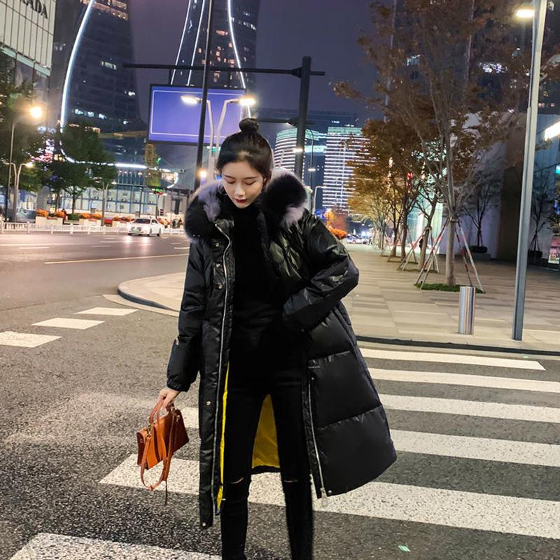 Women's Glossy Loose Down Jacket Mid-length Korean Thick Coat Warm Cotton Coat with Big Fur Collar Winter Quilted Jacket