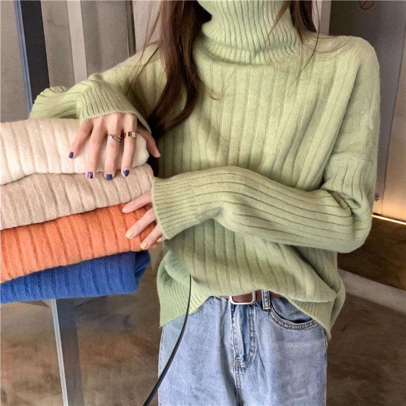 Women High Collar Long Sleeve Pullover Thick Slim Tight Knit Bottoming Shirt Sweater