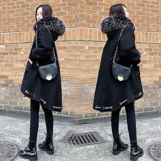 Trendy and Fashionable Mid-length Fur Collar Women's School Overcomes Outdoor Winter Thick Windproof Warmth and Loose Down Padded Jacket