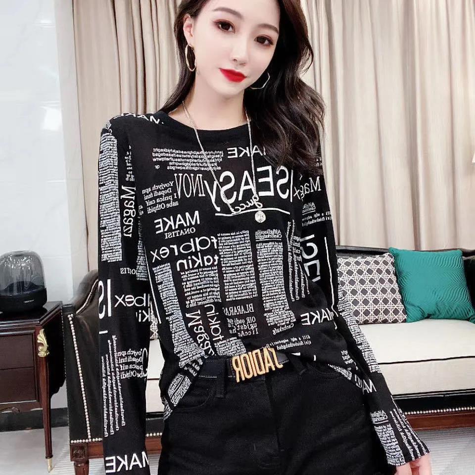 Girls' Top Clothing Fashion Printing Long-sleeved T-shirt All-match Round Neck Slim Bottoming Shirt