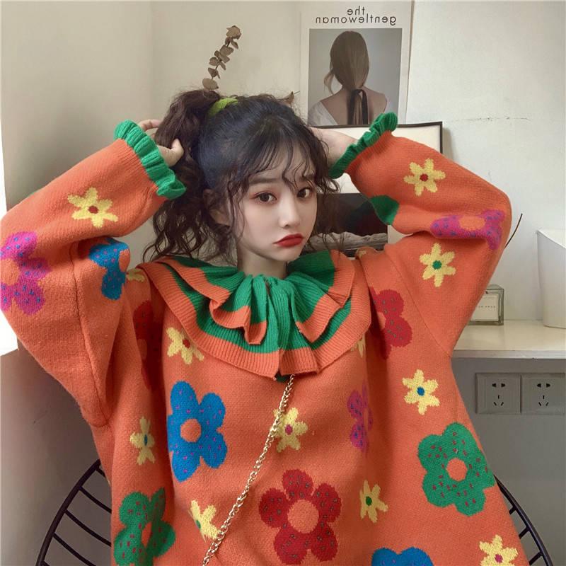 Mid-length Ruffles O-neck Sweater Women Sweet Knitted Loose Flower Print Chic Girl Pullover Dress