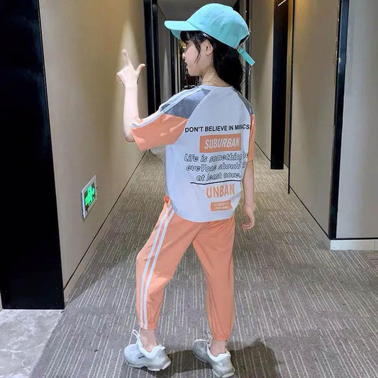 Cotton Soft Skin-friendly Girls Suit Summer Short-sleeved Trousers Suit Korean Version of The Big Children's Casual Fashion Sports Two-piece Suit