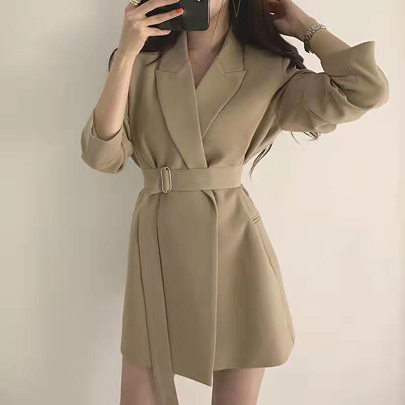 Suit Jacket Women's Spring and Autumn Korean Version High Street Design Sense Mid-length Blazer Belt Waist Slim Top Coat Elegent Jacket
