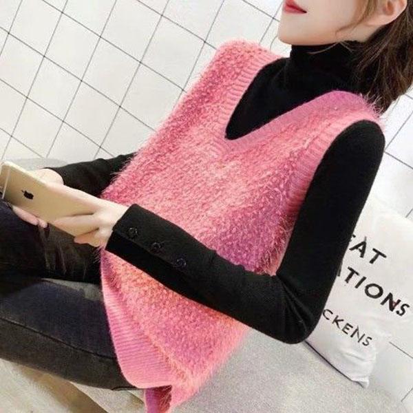 Spring and Autumn Loose Sleeveless Sweater Solid Color Knitted Vest Women's V-neck Bright Silk Fleece Top