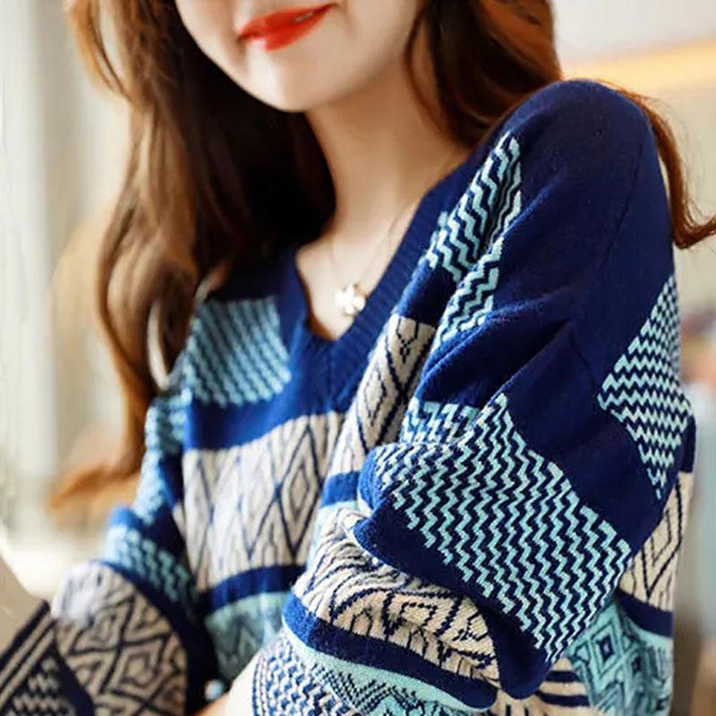 Sweater Women Stitching Printing V-neck Pullover Knitwear Korean Loose Fluffy Top Striped Sweater Autumn and Winter Fashion