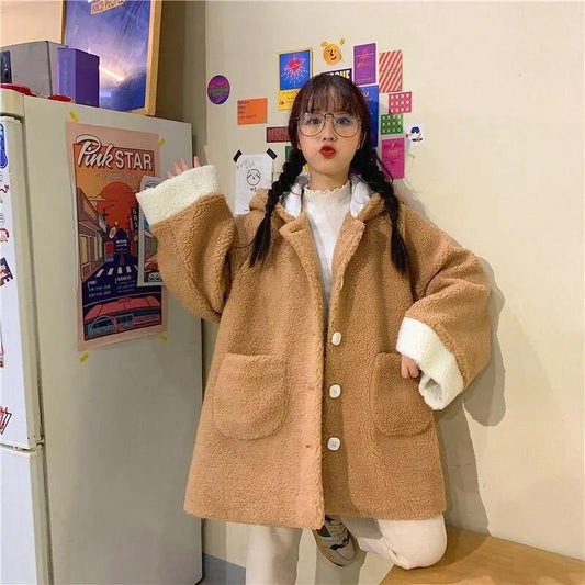 Autumn and Winter Lamb Fur Hooded Jacket Female Students Casual All-match Thickened Polar Fleece Cardigan Cute Rabbit Ears Plush Jacket