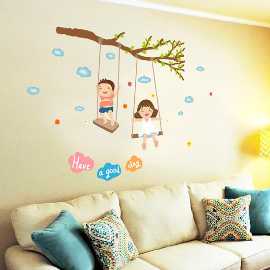 Boy girl swinging bedside porch sofa TV corner background decorative wall sticker happy childhood